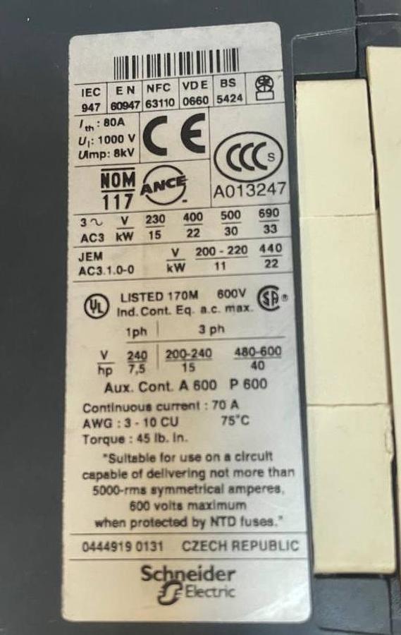 Used Schneider Electric Schneider 80A Contactor (230V Coil)