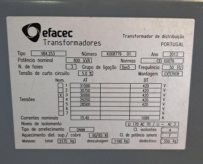 Used Transformador EFACEC de 800 Kva + Celas