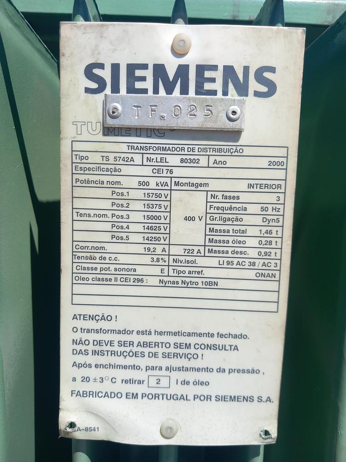 Used Transformador de eletricidade Siemens de 500 Kva