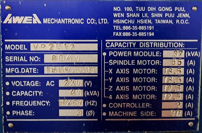 Used Centro de maquinação Awea VP2012