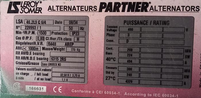 Used Gerador Leroy SOMER Volvo penta 280kw