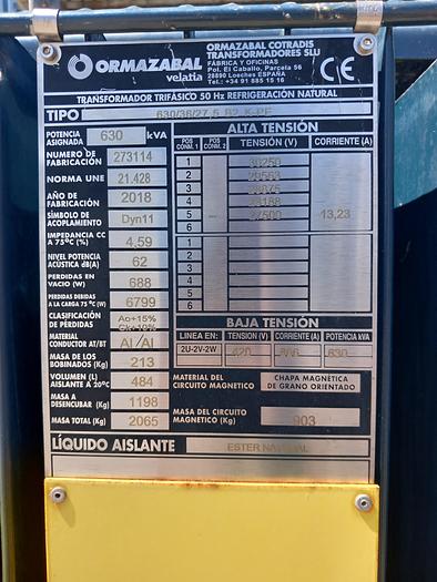 Usado Transformador ORMAZABAL de 630 Kva