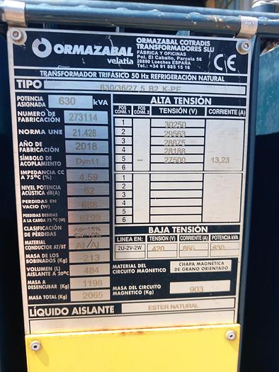 Usado Transformador ORMAZABAL de 630 Kva