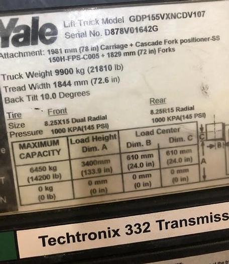 Used Forklift Truck, Yale, GDP155VX (Used)