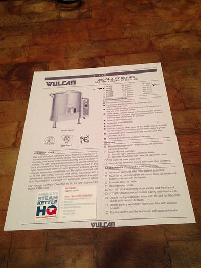 Used VULCAN #GL60E 60 GAL. NAT. GAS STEAM KETTLE WITH S/S COVER, 1.5" TANGENT DRAW OFF VALVE, only @ AMERICA'S STEAM KETTLE HEADQUARTERS ! (STOCK #573).