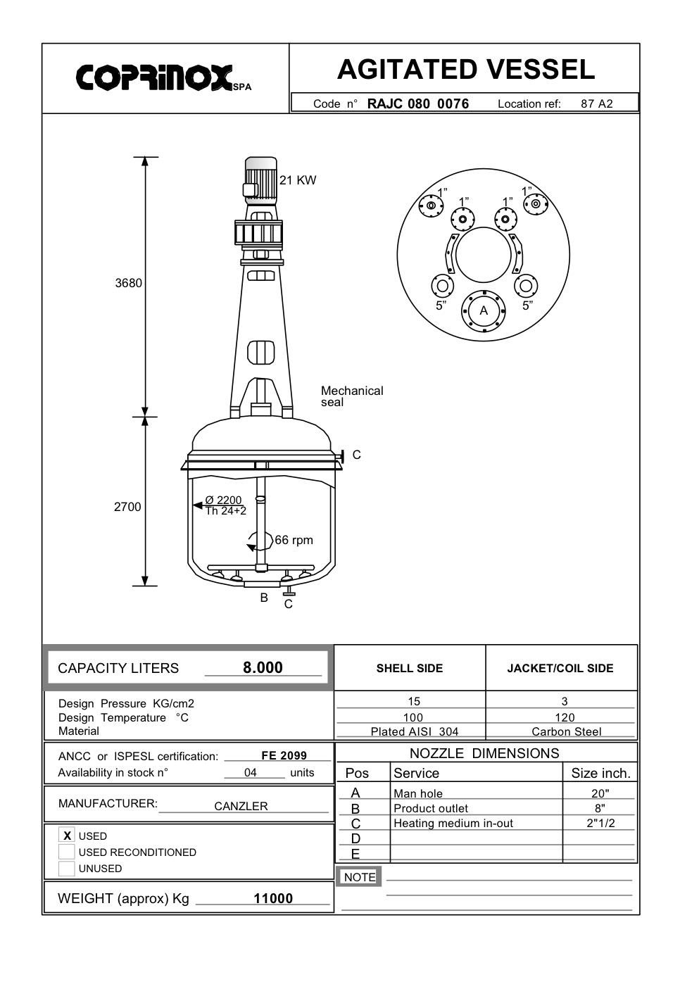 Used 8000 liter CANZLER reactor