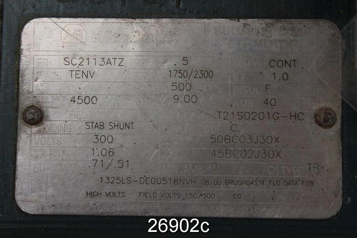 Used Allen Bradley Allen Bradley 5 Hp Dc Motor, 9.0 Amps Reconditioned With New Tachometer, 1750/2300 Rpm, 500 Volt, Sc2113 Atv Frame. #26902