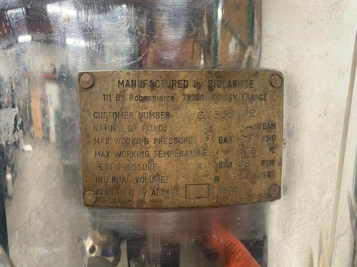 Used Biolafitte 63 Liter Stainless Steel Jacketed Bioreactor Max Work Pressure 2 Bar