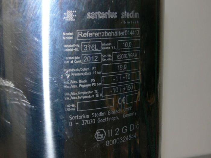 Used Sartorius Stedim 10 Liter 316L Stainless Steel Pressure Vessel w/ Bottom Drain