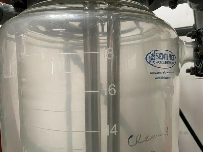 Used Sentinel Process System Skid w/ 20 L Jacketed Glass Reactor, Condenser & Mixer