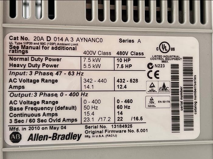 Used Allen-Bradley 20A D 014 A 3 AYNANCO Ser A ( Cracked)