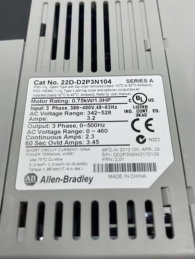 Used Allen-Bradley 22D-D2P3N104 Ser A 