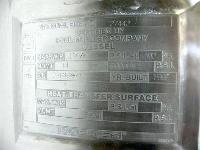 Used Mueller 300 Liter Stainless Steel 100 PSI Reactor w/ Agitator & Bottom Valve