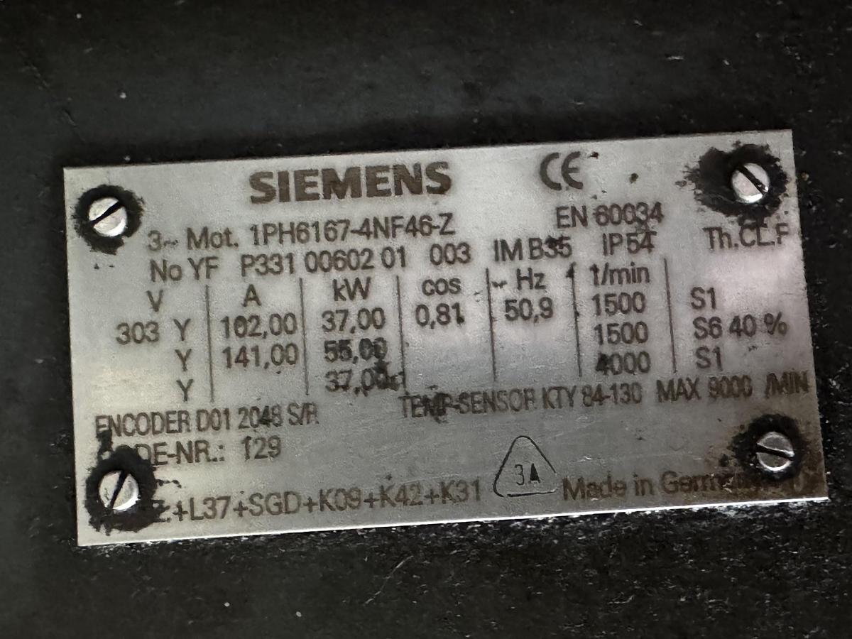 Gebraucht Siemens Servomotor 1PH6167-4NF46-Z | 37 kW | 1500 U/min | Encoder | Made in Germany