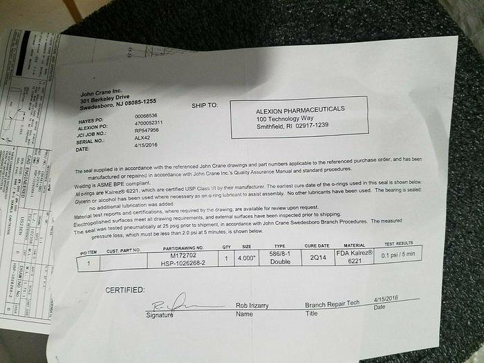Used Stainless Steel Rebuilt Seal Assembly Cartridge John Crane Hayes Pharmaceutical