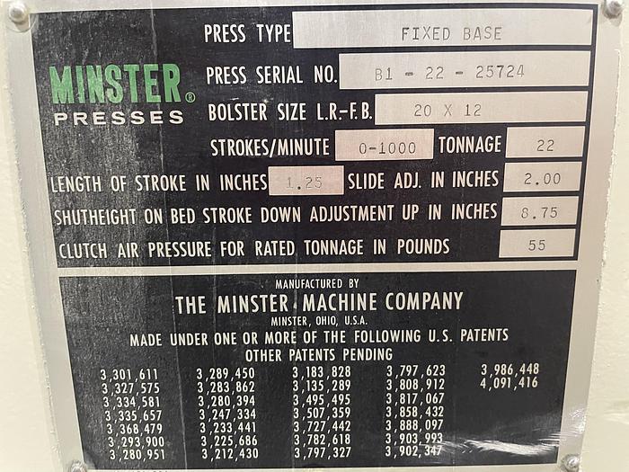 Used 22 Ton, MINSTER, No. B1-22, HIGH SPEED PRESS