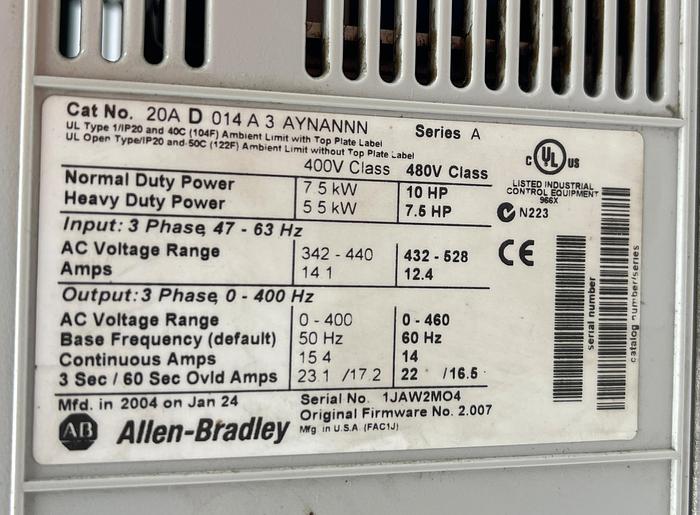 Used Allen-Bradley 20A D 014 A 3 AYNANNN Ser A 