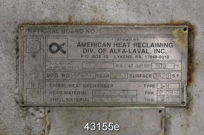 Used Alfa Laval Type 1-H Spiral Heat Exchanger #43155