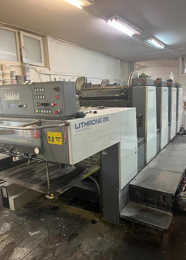 Used KOMORI LITHRONE L-428 EM – 4-Color Sheetfed Offset Printing Press, Komorimatic PQS Dampening, Royse Refrigeration, SAP Automatic Plate Changing, KMS Plate Bender, Automatic Washers & Weko Powder Spray