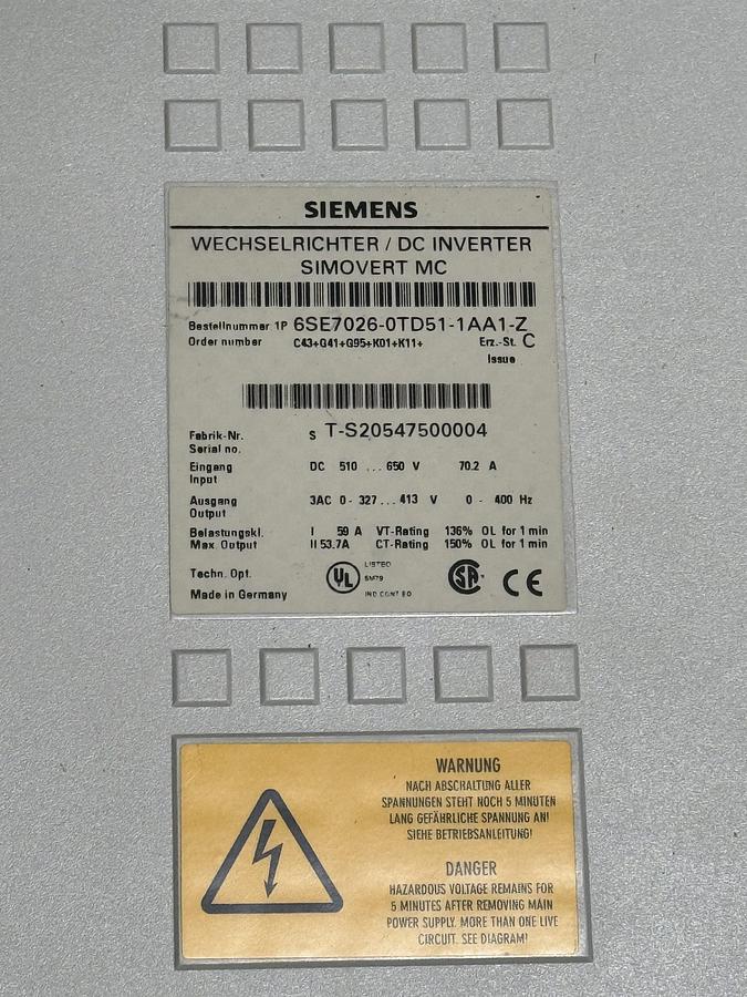 Siemens Simovert DC Inverter: 6SE7026-0TD51-1AA1-Z