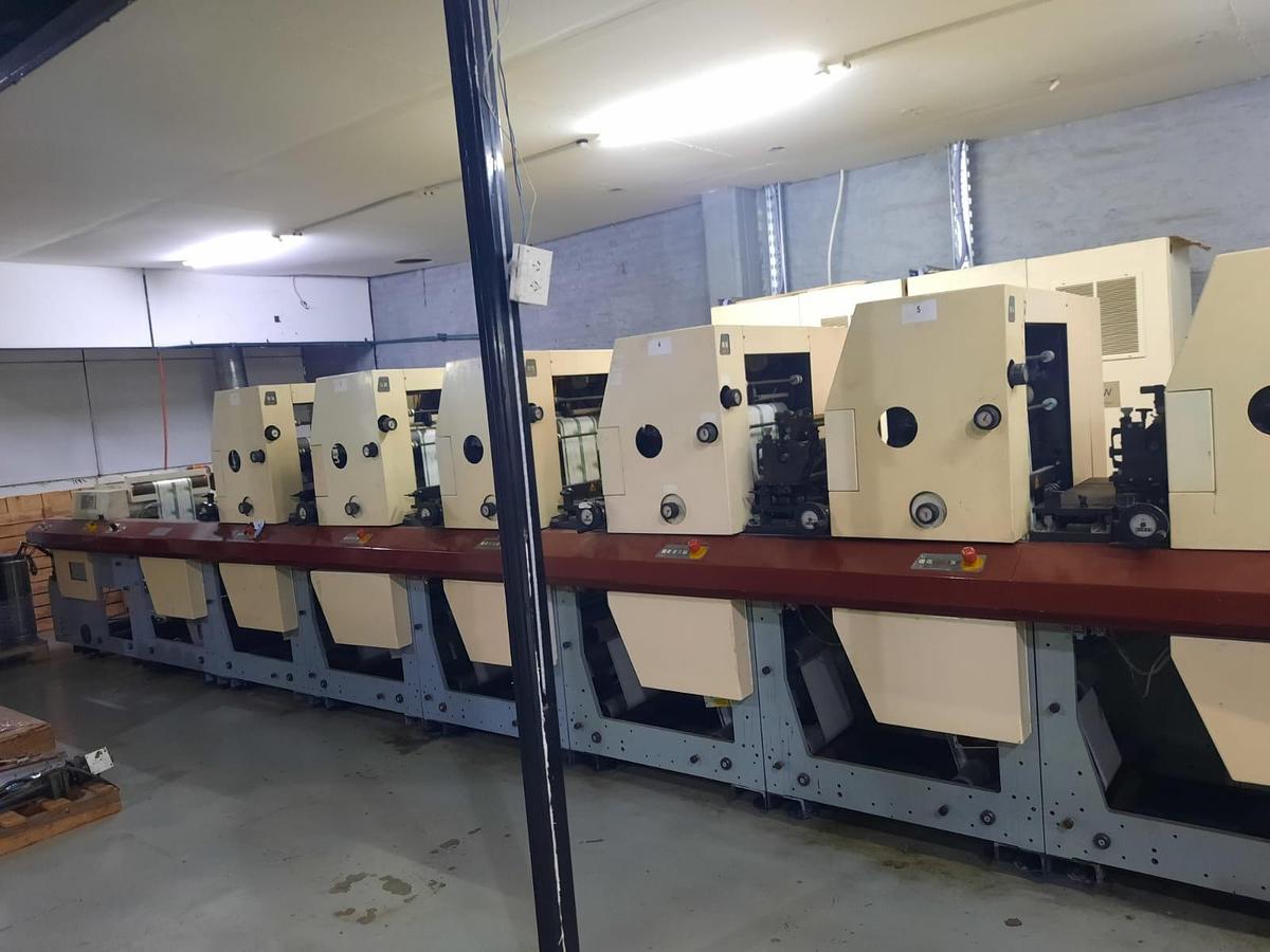Used MPS EP410 – 10-Station Narrow-Web UV Flexographic & Stork Rotary Screen Label Printing Press, 440 mm Web Width, 4 Die-Cutting Stations, Siemens HMI & GEW UV Curing