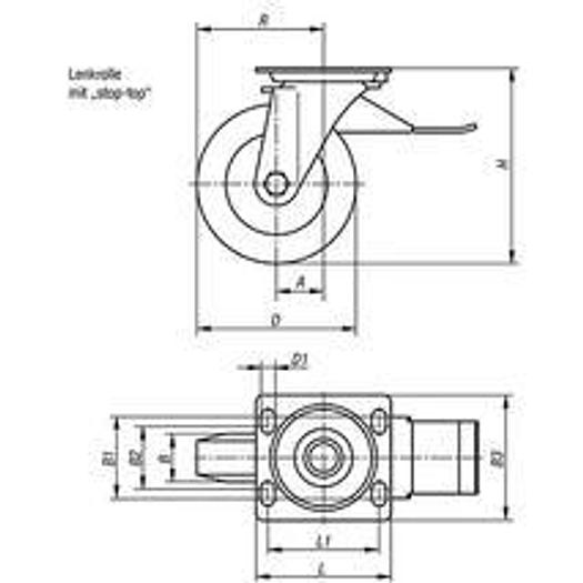 SWIVEL CASTOR WITH LOCKING SYSTEM STOP-TOP POLYURETHANE, COMP:STEEL, D=125, B=50