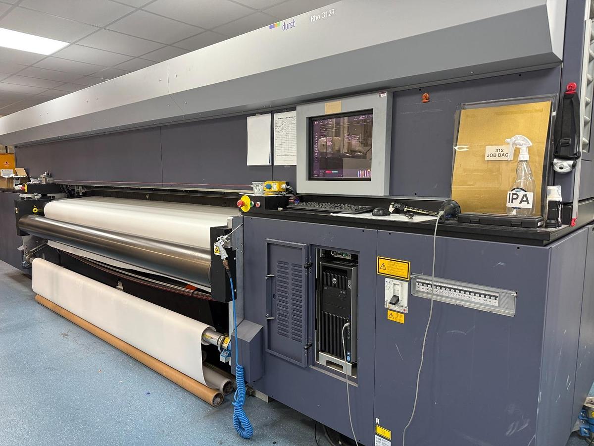 Used Durst RHO 312R Industrial UV Roll-to-Roll Printer with White Ink & Dual Roll – 2016