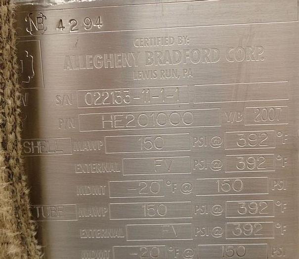 Unused Heat Exchanger, Shell & Tube, 88 SF, 316 S/st, FV, 150 PSI #S742982