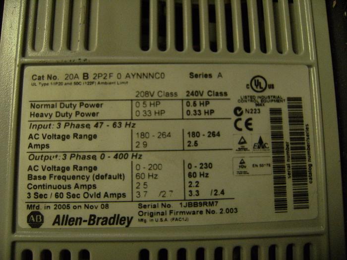 Used Motor, 1/2 HP, Allen Bradley, Powerflex 70, AC (2) #S740333