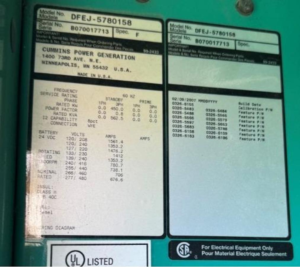 Used 2007 Cummins DFEJ Diesel Generator