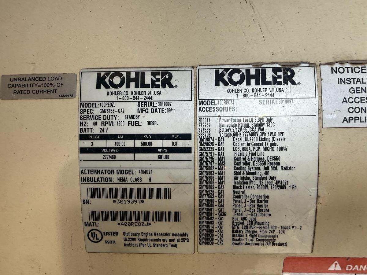 Used 2011 Kohler 400REOZJ Diesel Generator