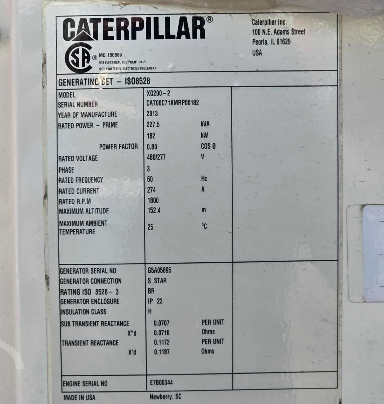 Used 2013 Caterpillar XQ200 Diesel Generator