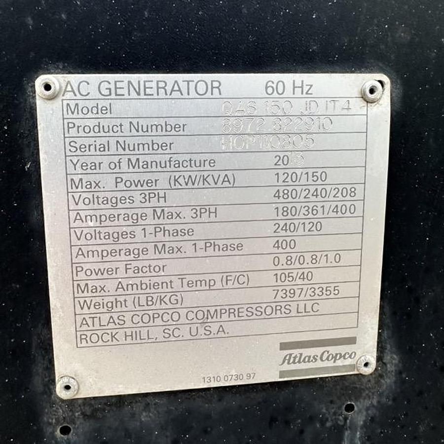 Used 2013 ATLAS COPCO QAS150 MOBILE DIESEL GENERATOR