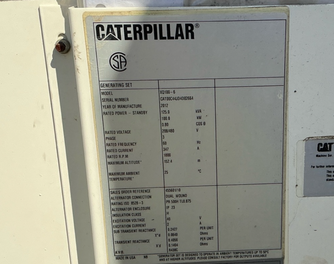Used 2012 Caterpillar XQ100 Diesel Generator