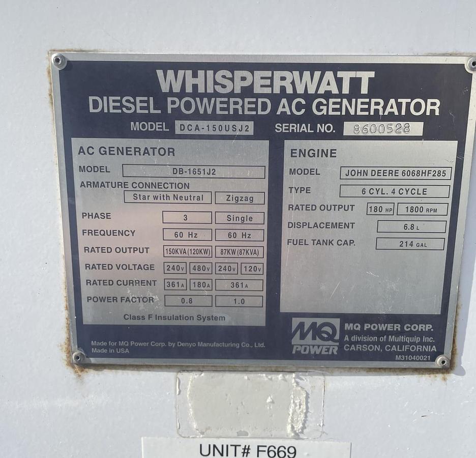 Used 2010 MultiQuip DCA150USJ Diesel Generator