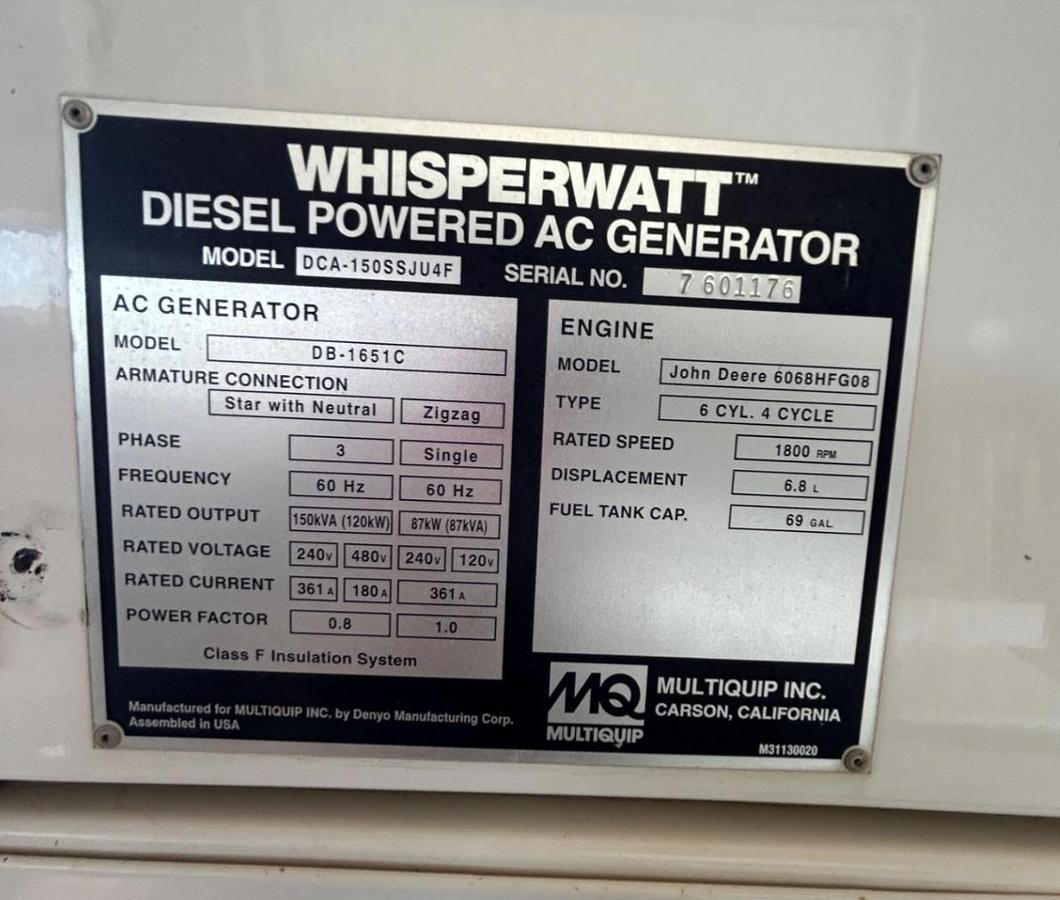 Used 2017 MULTIQUIP DCA150SSJU4F MOBILE DIESEL GENERATOR