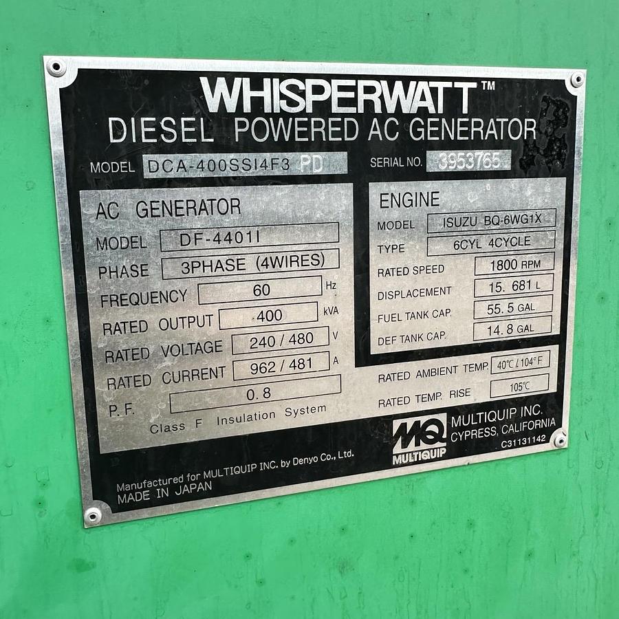 Used 320KW MULTIQUIP DCA400SSIU4F DIESEL GENERATOR