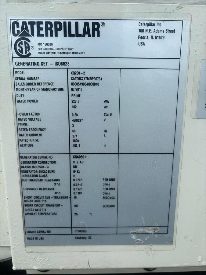 Used 2015 Caterpillar XQ200 Diesel Generator