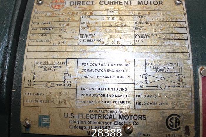 Used US Electrical 36800450x07 100 Hp Dc Motor,  1750 Rp #28388