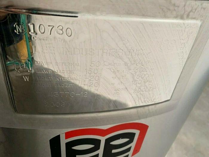 Used LEE 200 Liter Stainless Steel Jacketed Reactor 50 PSI no mixer