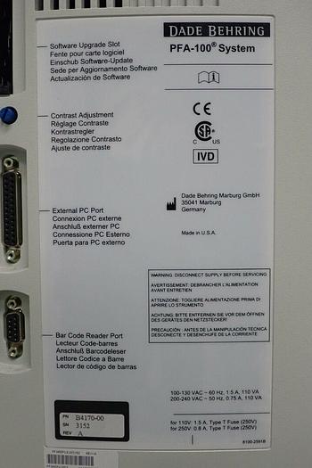 Used Dade Behring PFA100 Platelet Function Analyzer