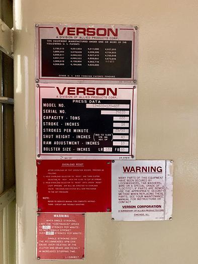 Used 600 ton Verson 120"x60" Stamping Press