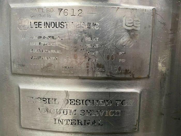 Used LEE 150 Liter Stainless Steel Jacketed 45 PSI Reactor w/ Sight Glass & Valves