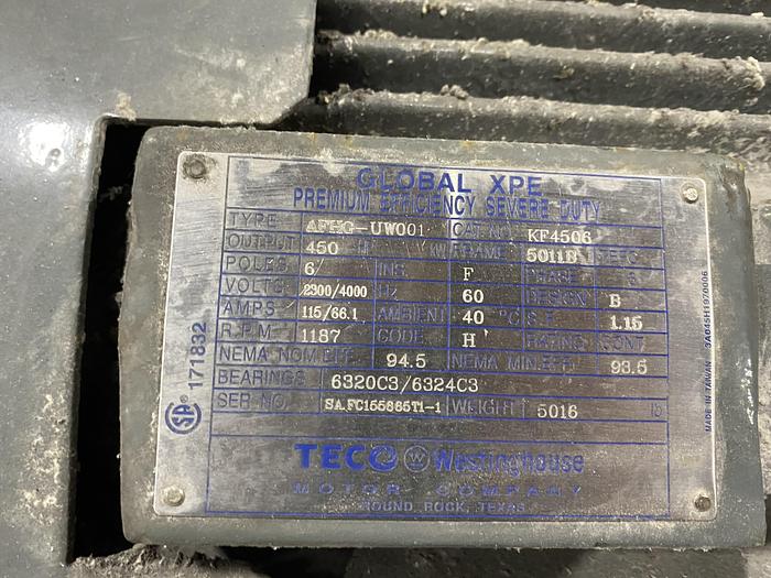 Used 450 HP TECO WESTINGHOUSE 1187 RPM MOTOR