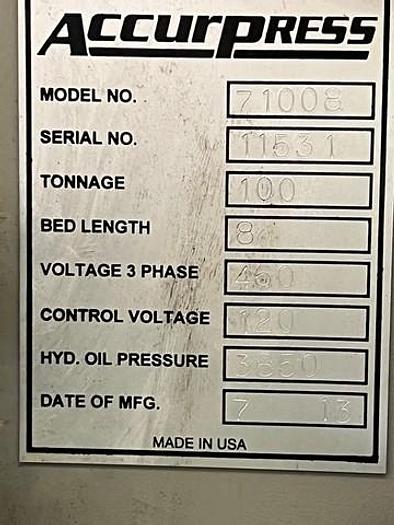 Used 2013 AccurPress 71008 CNC Hydraulic Press Brake