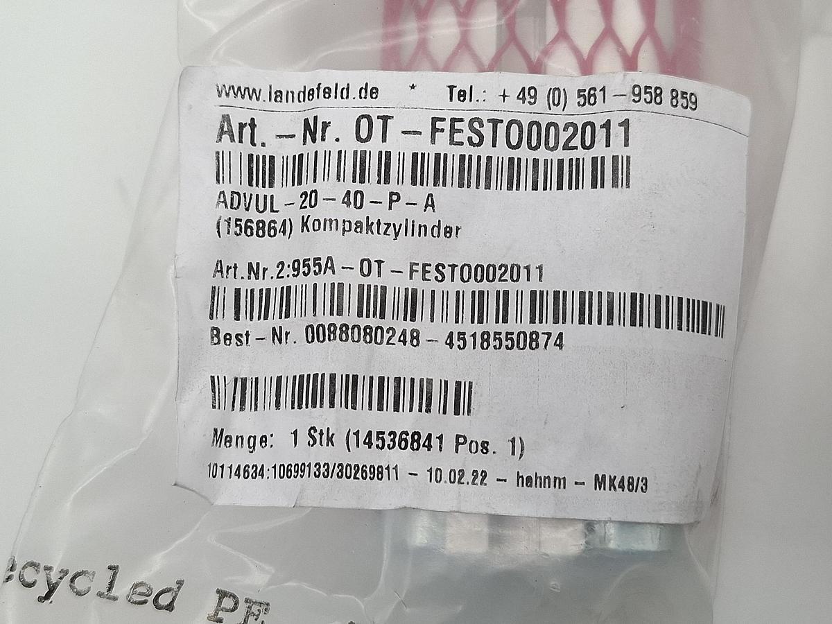 Kompaktzylinder, Hub 40mm, ADVUL-20-40P-A, 156864, Festo, neu