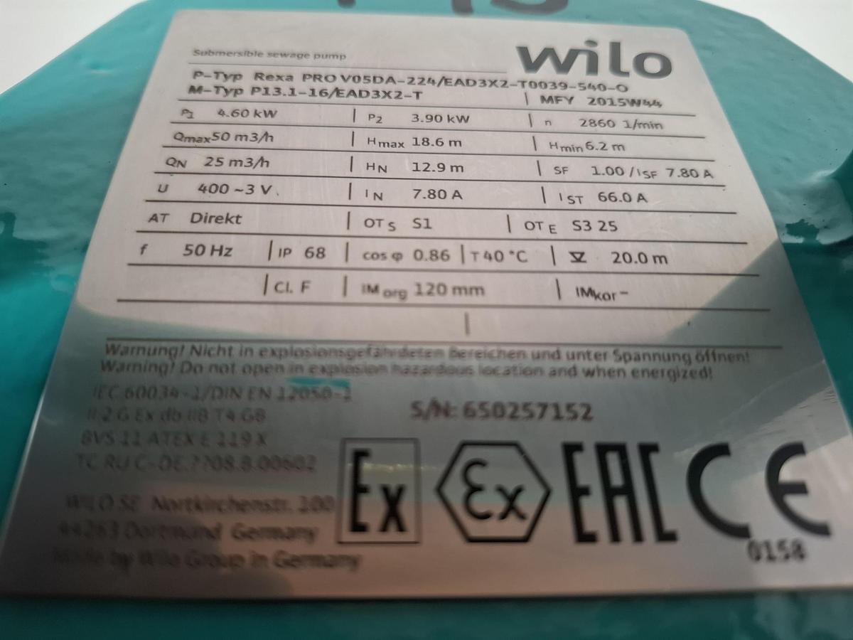 Brinkmann TA250/350+001,Ex geschützte Tauchpumpe, Rexa PRO V05DA-224/EAD3X2-T0039-540-0, Wilo, neuwertig