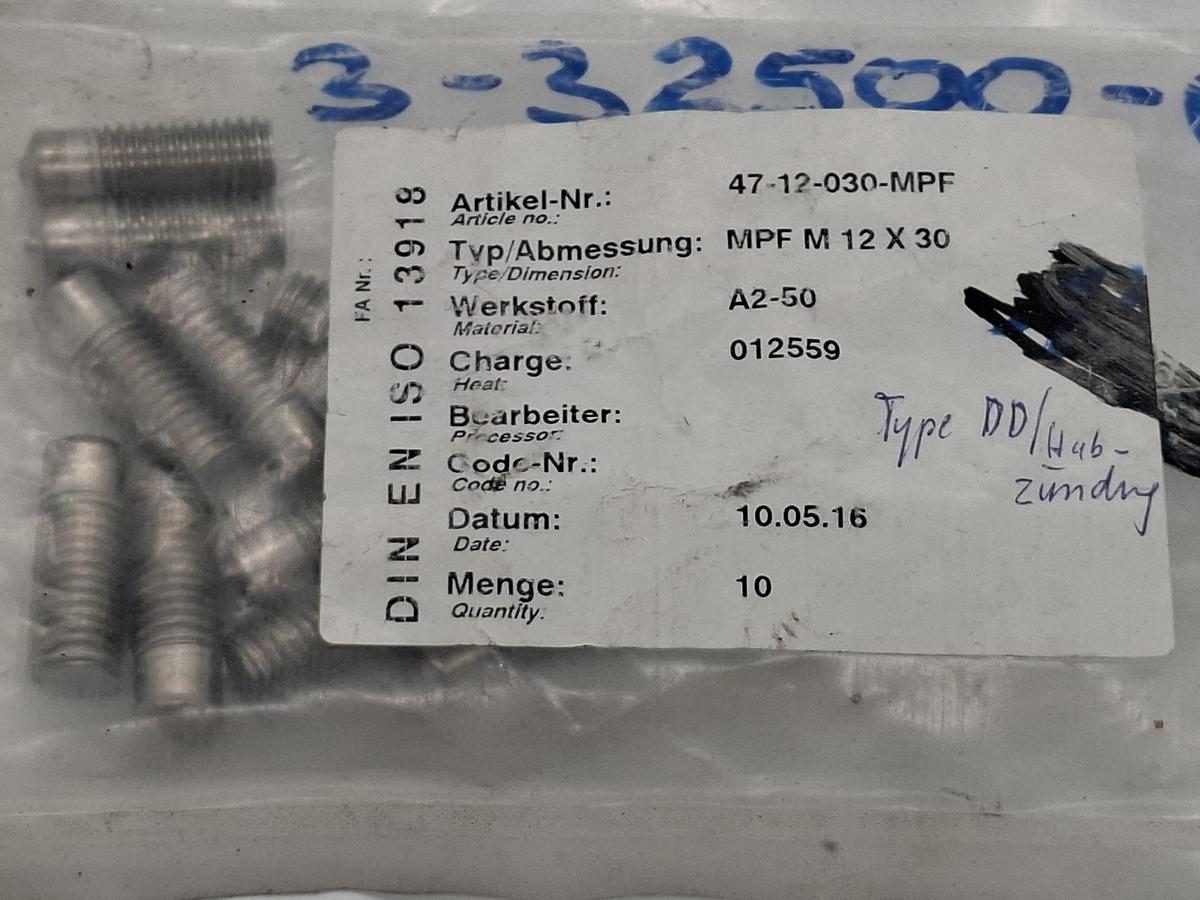 10 Stück Hubzündungsbolzen, MPF M 12x30, A2-50, , neu