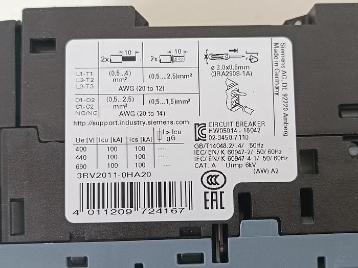 Gebraucht 2 Stück Leistungsschalter mit Motorschutz, 0,55-0,8A, 3RV2011-0HA20, Siemens, neuwertig -40%
