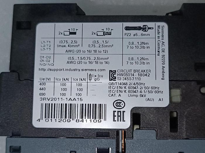 Gebraucht 2 Stück Motorschutzschalter, Sirius, 1,1 - 1,6A, 3RV2011-1AA15, Siemens, gebraucht-Top